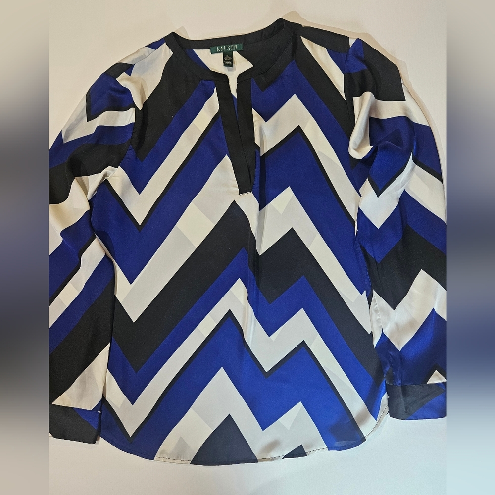 Lauren Ralph Lauren‎ Blouse Womens XL Blue Black White Chevron Office Career Top